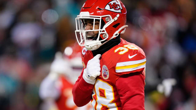 Jan 13, 2024; Kansas City, Missouri, USA; Kansas City Chiefs cornerback L'Jarius Sneed (38) reacts against the Miami Dolphins during the first half of the 2024 AFC wild card game at GEHA Field at Arrowhead Stadium. Mandatory Credit: Jay Biggerstaff-USA TODAY Sports  
